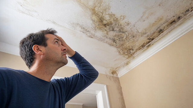 Worried man inspecting severe water stain and mold damage on house ceiling low angle view