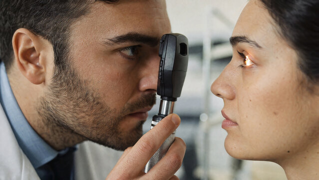 Optometrist examining female patient's eye with ophthalmoscope in medical clinic close up