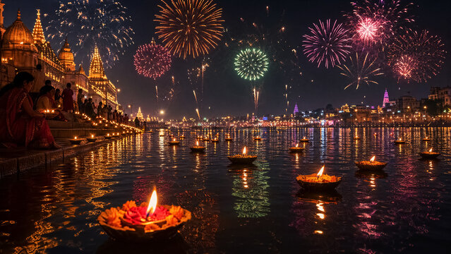 Floating oil lamps diya on river at night with fireworks bursting over illuminated temple ghats for Deepawali festival