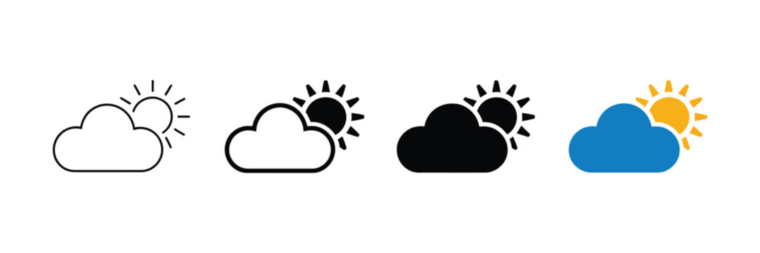 Partly cloudy weather icon illustrating sun and cloud pictograms for weather forecasts, daytime conditions, sunny intervals, climate, and atmospheric design