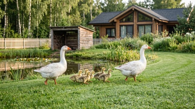 A family of white geese and their goslings walk across lush green grass near a pond, reflecting tranquil rural life and natural animal welfare.