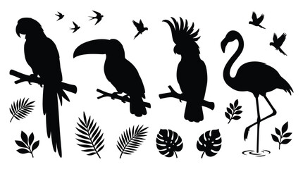 Naklejka premium Tropical bird silhouettes featuring macaw, toucan, cockatoo, and flamingo with tropical leaves on white background