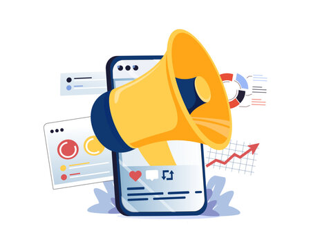 A megaphone, heart icon, and analytics dashboard come together in vector scene, capturing how brands track engagement