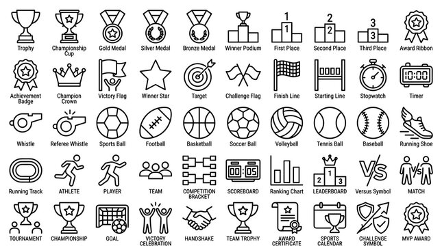 Competition and Sports Achievement Outline Icon Collection Featuring Trophies, Medals, Winners, Rankings, Challenges, Games, Awards, and Victory