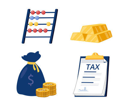 An abacus, coin, file, banknote, gold bar, and money bag come together in vector icon set, built for finance, accounting