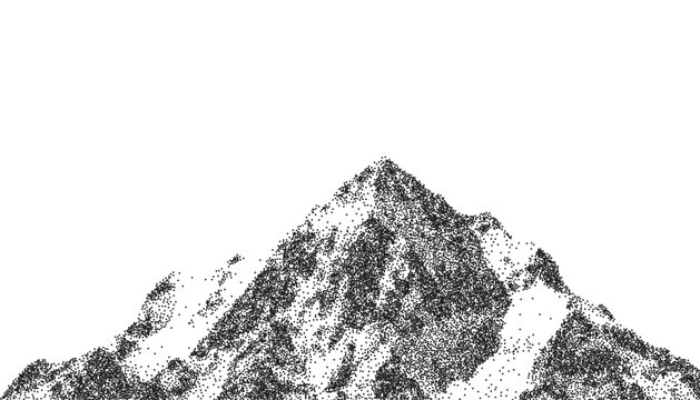 Mountains with a grainy halftone effect. Snowy mountain with an overlaid grunge stippling texture. Retro halftone vector landscape. Modern design for posters, decoration, and collages