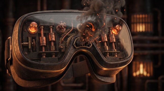 Steampunk VR headset with glowing vacuum tubes and smoke, retro futuristic virtual reality goggles, industrial tech