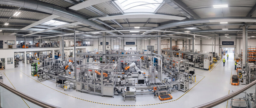 Smart factory with automated robotic assembly line, conveyor systems, and agv carts inside modern bright industrial manufacturing plant workshop for industry . engineering