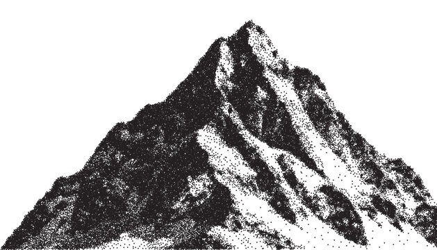 Mountains with a grainy halftone effect. Snowy mountain with an overlaid grunge stippling texture. Retro halftone vector landscape. Modern design for posters, decoration, and collages