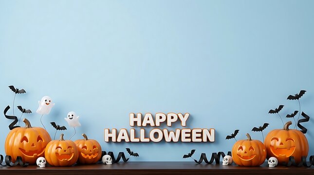 Happy Halloween decorative setup with pumpkins bats and ghost figures