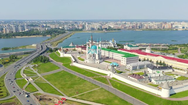 Kazan, Russia. Drone footage of the Kazan Kremlin. Kul Sharif Mosque. Drone footage, Point of interest