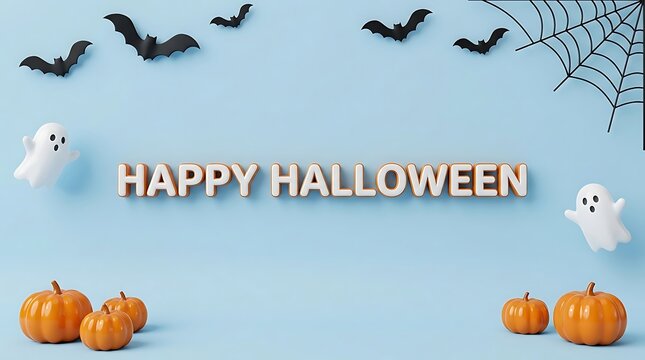 Happy Halloween celebration with pumpkins ghosts and bat decorations