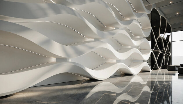 Futuristic wave wall architecture, modern white curved interior design, abstract 3D sculptural wall in luxury office lobby