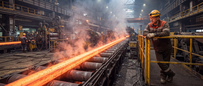 Steel mill worker monitoring hot rolling production of glowing metal beams on an automated conveyor line in a heavy metallurgy plant for industrial manufacturing concepts