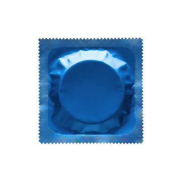 Square cobalt blue metallic foil condom wrapper with crinkled texture and crimped edges on a transparent background safe sex awareness atmosphere