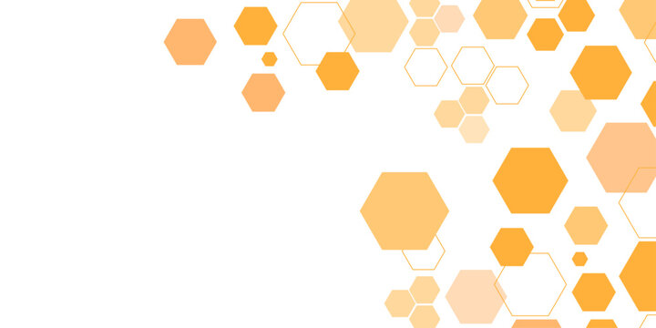 Modern honeycomb pattern featuring orange and yellow hexagon shapes on a white background, with scattered geometric elements creating a clean abstract scientific technology banner.