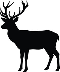 Fototapeta premium Elegant black silhouette of standing deer with large branching antlers isolated on white background for wildlife design