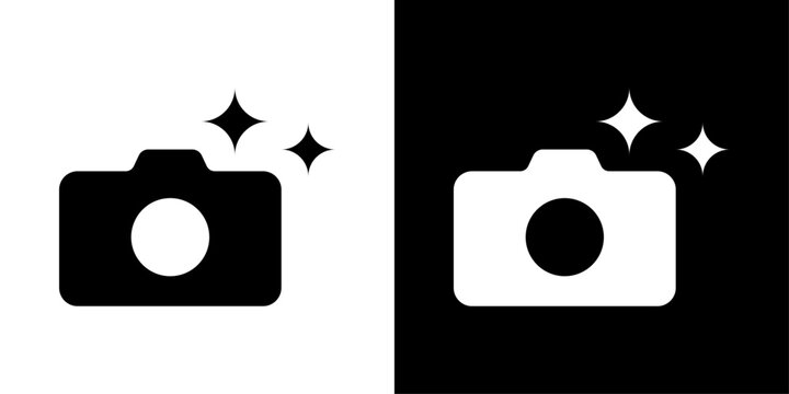 Camera icon with sparkle stars, for photography, AI photo enhancement, and social media apps