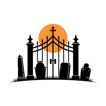 Gothic Cemetery Gate with Moon and Tombstone Silhouettes