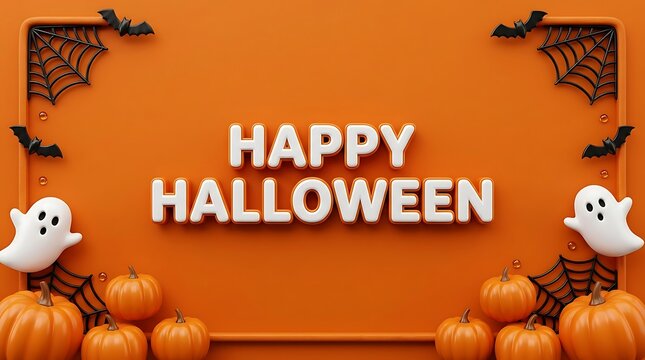 Happy Halloween celebration graphic with pumpkins ghosts and bats design