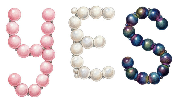 Hand-drawn watercolor illustration of iridescent beads spelling the word yes in pink, white and multicolored script on a white background concept of elegant luxury