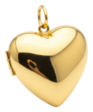 Polished heart-shaped 24k yellow gold locket with glimmering reflections isolated on a white background in high-key lighting sentimental luxury atmosphere