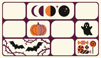 Fototapeta premium Halloween Grid Template with Ghost, Pumpkin, Bats and Candy
