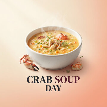 Crab Soup Day concept with a steaming bowl of creamy crab bisque, fresh crab meat, and claws