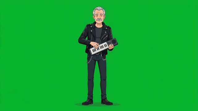 Cool Musician Playing Keytar in Black Leather Jacket on Green Screen.