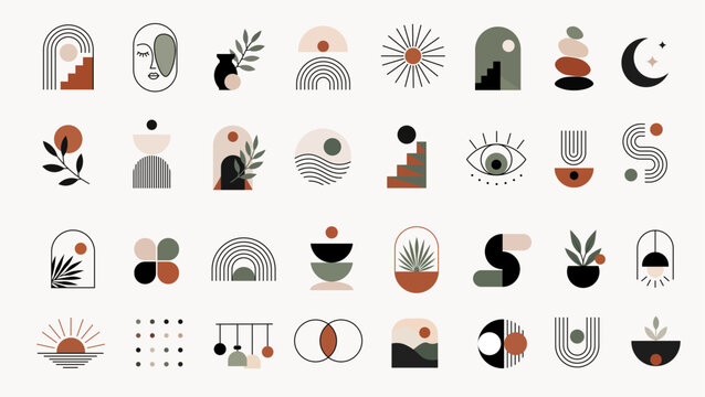 A set of abstract geometric icons in a boho style. Mid-Century Modern design elements featuring images of the sun, moon, rainbow, arch, plant leaves, in earthy shades of terracotta, olive, and beige