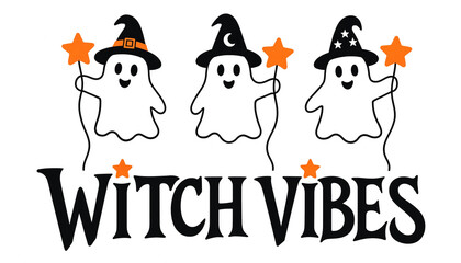 Fototapeta premium Witch vibes spooky halloween design with cute ghosts in witch hats holding orange star wands halloween typography seasonal background celebration mystical friendly greeting creative