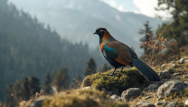 Colorful himalayan monal bird perched on a rocky mountain slope with pheasant