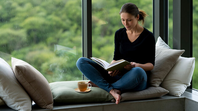 Woman reading a book with tea by a rainy window, enjoying quiet leisure, mindful relaxation and the simple everyday balance of lagom living
