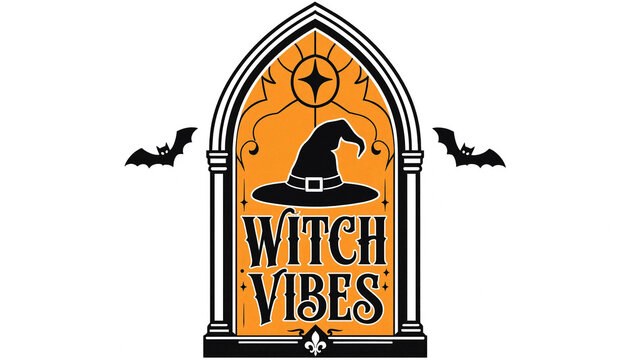 Witch vibes orange stained glass arch with sorcery hat vector graphic halloween mystical celebration silhouette architecture typography illustration