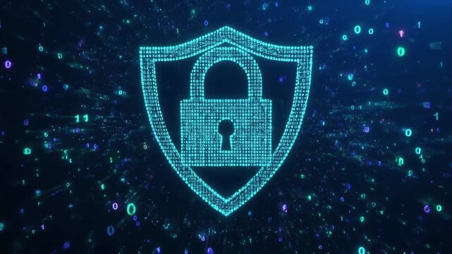 Digital security shield icon with padlock in binary code space