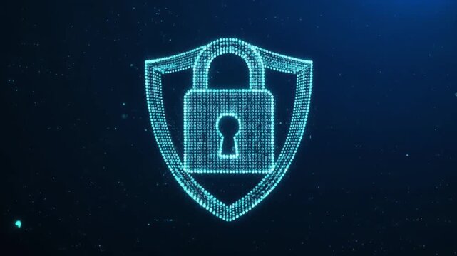 Digital cybersecurity shield and padlock animation with binary code