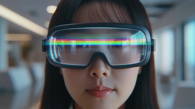 Young Asian woman wearing futuristic virtual reality goggles in modern office