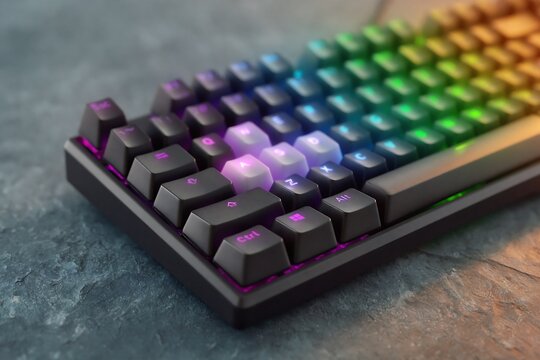 Gaming keyboard close-up showing WASD keys highlighted in different color, RGB lighting, dark slate background