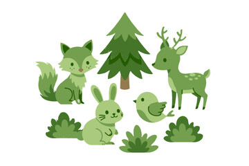 Fototapeta premium Charming green forest animals, a fox, deer, rabbit, and bird, surround a pine tree and lush bushes in a delightful illustration that evokes a sense of playful woodland wonder and eco-friendliness.