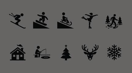Fototapeta premium Winter sports and outdoor activity vector icon set in black silhouette. This collection features skiing, snowboarding, and ice fishing. Perfect for seasonal holiday graphic designs.
