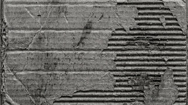 Distressed cardboard texture featuring torn paper layers with rough corrugated patterns in dark grey monochrome tones