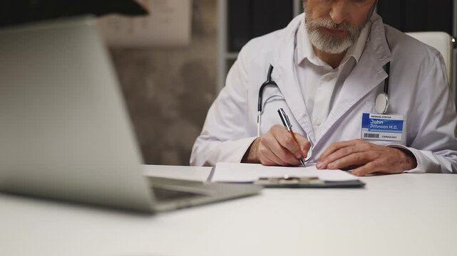 Male cardiologist works in office, writing a patient's treatment plan and notes