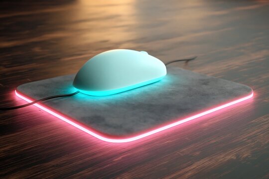 Gaming mouse on a RGB mouse pad (cyan and pink lighting), dark wood desk, side angle, dramatic low light