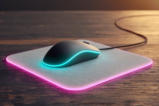 Gaming mouse on a RGB mouse pad (cyan and pink lighting), dark wood desk, side angle, dramatic low light