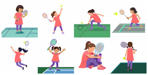 Fototapeta premium Flat vector illustration set of a young girl playing badminton in various active poses on the court