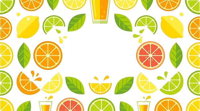 Seamless pattern with citrus fruit slices and green leaves.