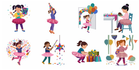 Fototapeta premium Set of cute little girls celebrating birthday party with balloons, gifts, cake and piñata illustrations