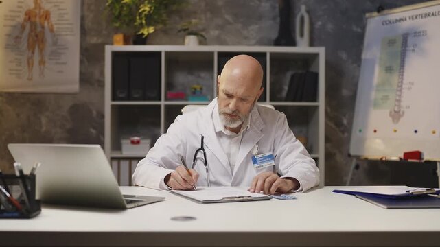 Middle-aged male doctor completes prescription form in clinic, men's health