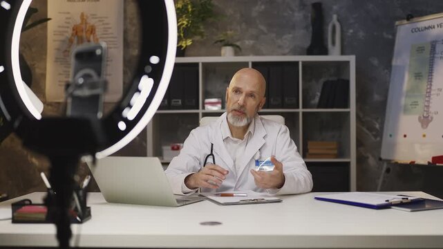 Professional male doctor records video on phone for his medical blog in clinic