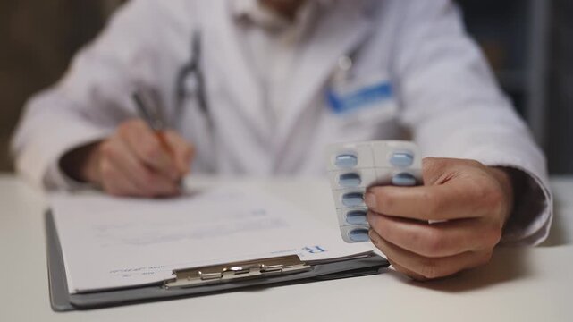 Urologist fills out prescription during check-up, prescribing medication to man